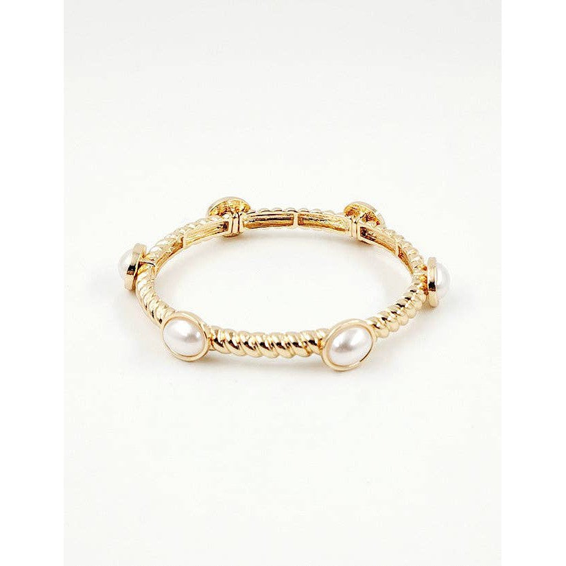 Ribbed Gold Textured and Pearl Stretch Bracelet