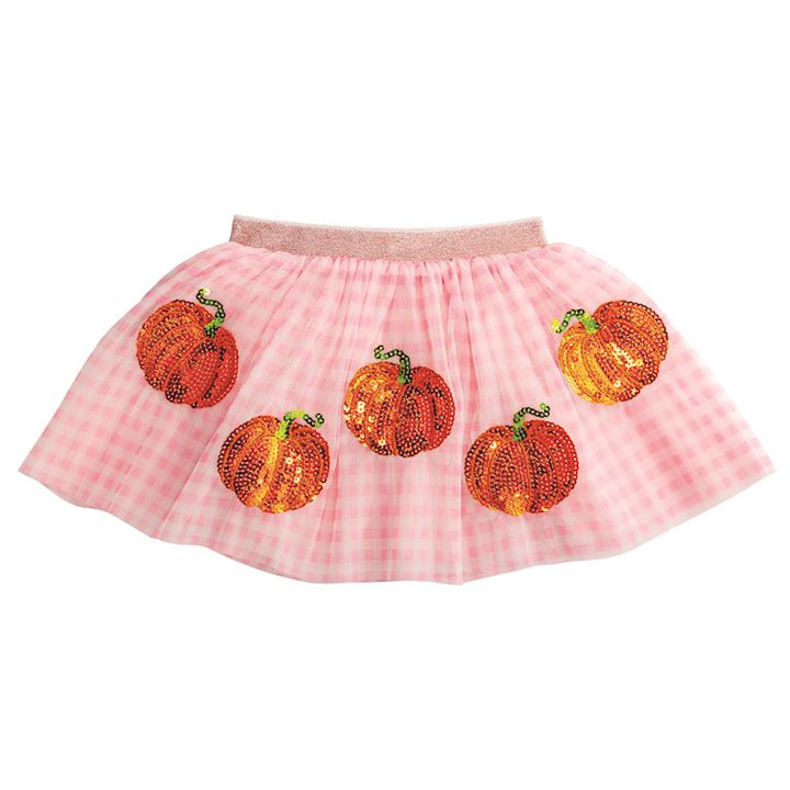 Mud Pie layered pink mesh girls tutu skirt featuring sequin pumpkin appliqués and a lurex elastic waistband.