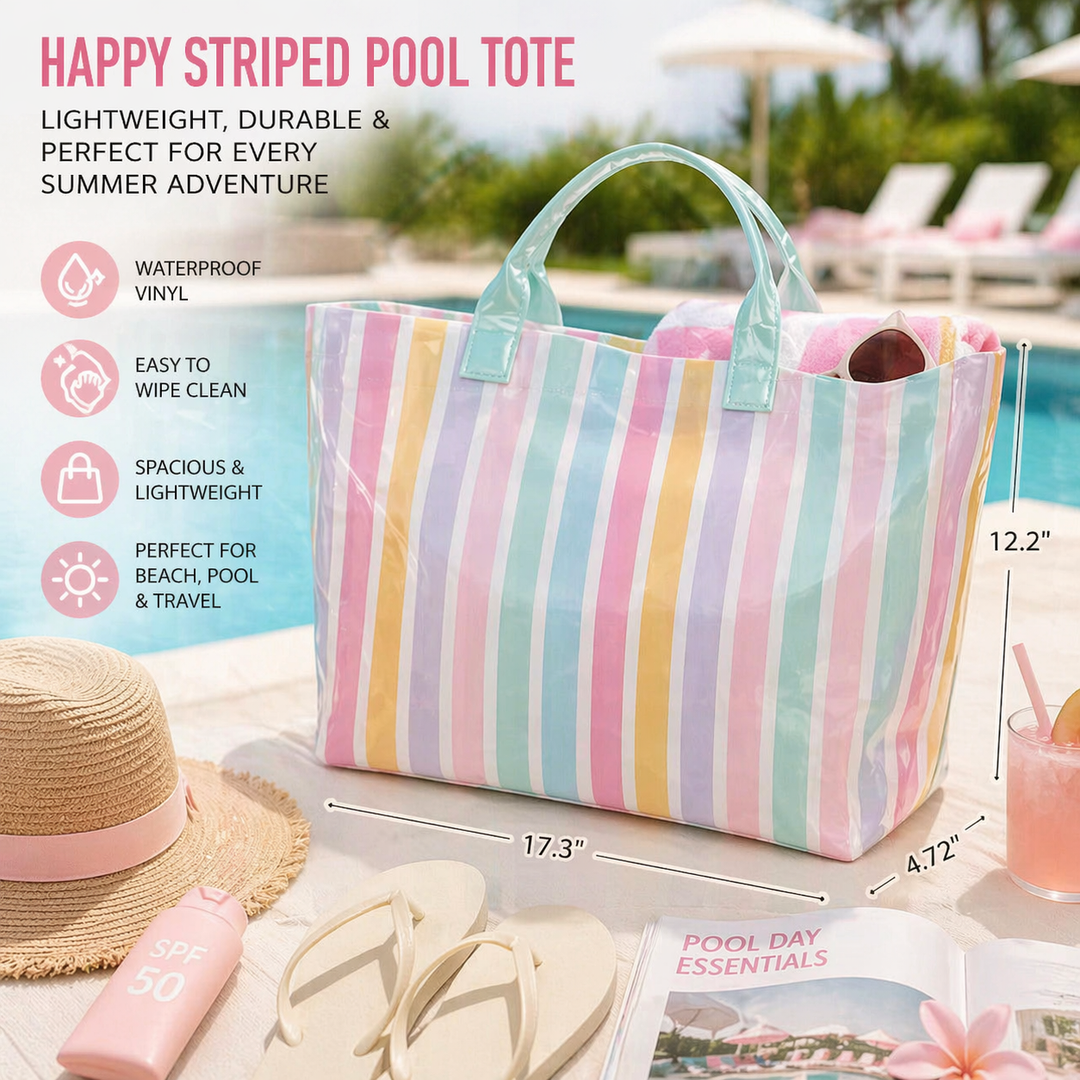 Happy Striped Pool Tote Bag Waterproof Beach &amp; Summer Tote