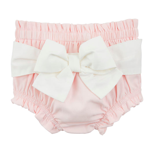 Pink Mud Pie cotton poplin diaper cover featuring a large white contrast bow on the front.