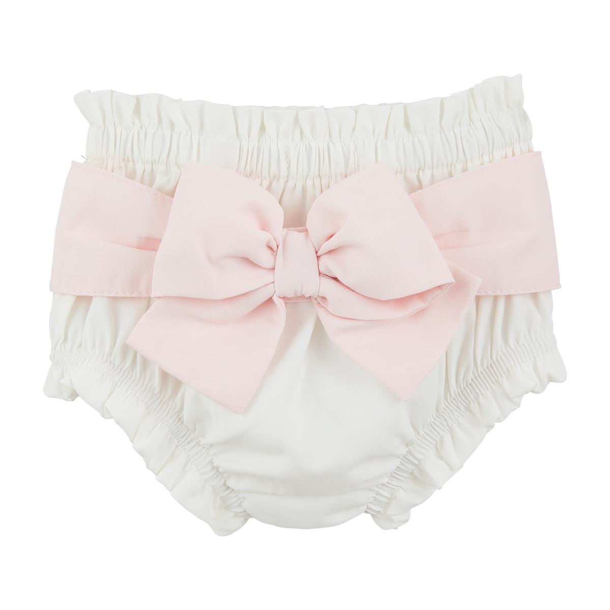 Close-up of the crisp white cotton poplin diaper cover with a soft pink contrast bow.