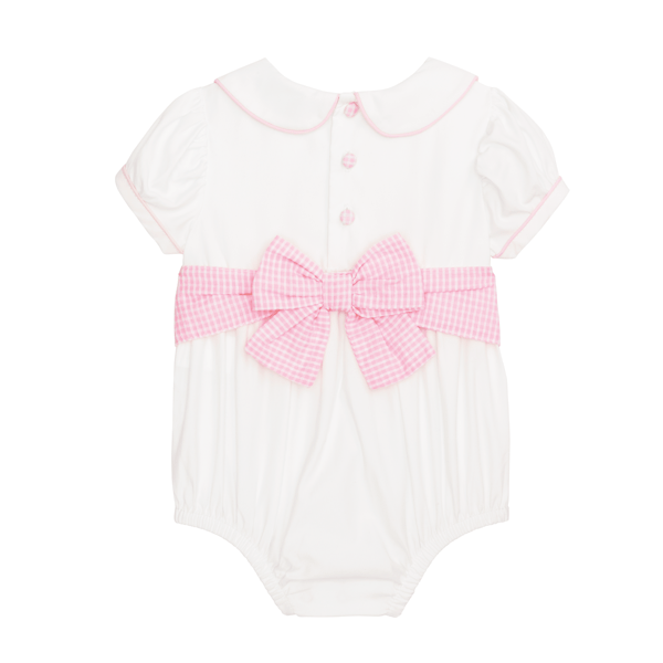 Pink and white Mud Pie Poplin Bow Bubble featuring a hand-crochet Peter Pan collar and gingham bow sash.