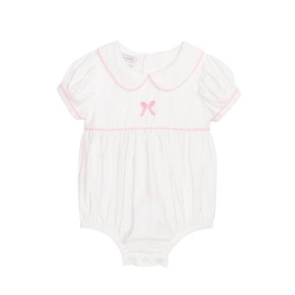 Pink and white Mud Pie Poplin Bow Bubble featuring a hand-crochet Peter Pan collar and gingham bow sash.