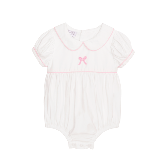 Pink and white Mud Pie Poplin Bow Bubble featuring a hand-crochet Peter Pan collar and gingham bow sash.