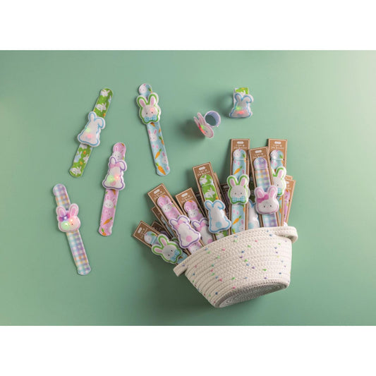 Easter Light-Up Slap Bracelets in animal patterns with LED characters in a cotton rope display basket.