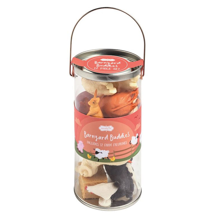 Mud Pie 12-piece mini farm animal figurine toy set displayed in a clear acetate tube.