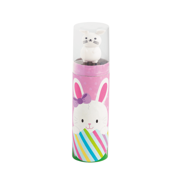 Pink Easter Pencils 11-piece set featuring colored pencils in a tube and a pink bunny eraser on a decorative card.