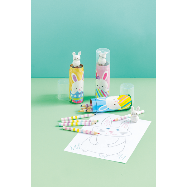 Group shot of the Blue, Pink, and Yellow Easter Pencil sets.