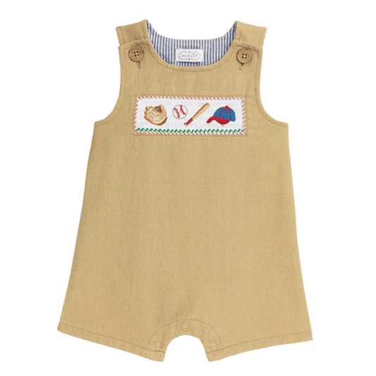 ports-themed smocked Jon Jon with coconut wood button shoulders and sporty embroidery on a white background.