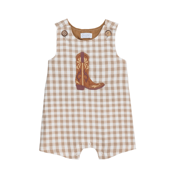 Baby boy blue gingham Jon Jon with an embroidered brown western boot appliqué and coconut wood buttons.