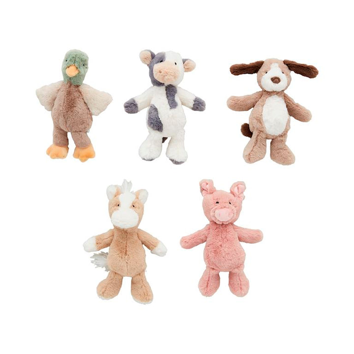 Assortment of Mud Pie farm plush rattles including a duck, cow, dog, horse, and pig.