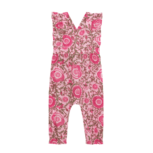 Pink Floral Longall for baby girls featuring flutter ruffles and crossing back straps on a white background.