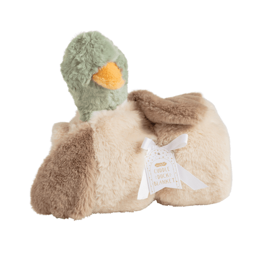 25x25 Plush Duck Blanket featuring yellow faux fur and a 3D duck head on a white background.