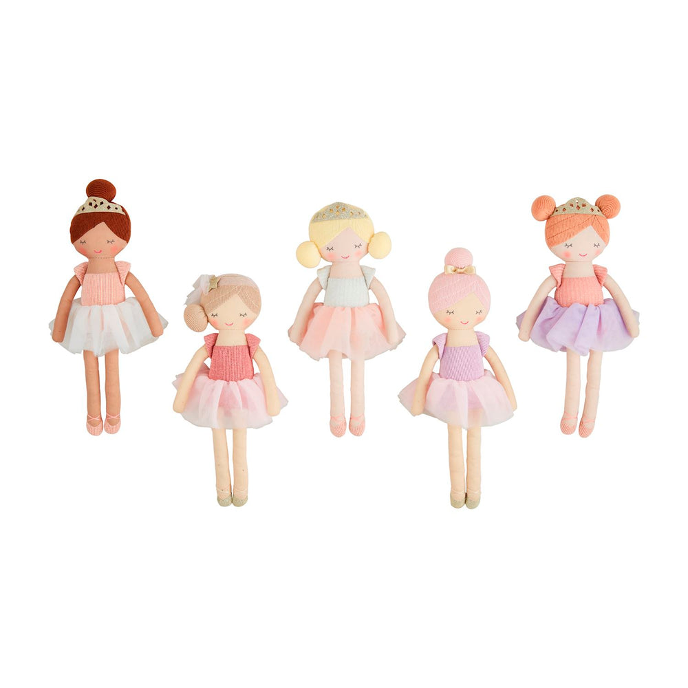 Mud Pie ballerina doll with pink sweater knit yarn hair and a mesh tutu in a white rope basket.