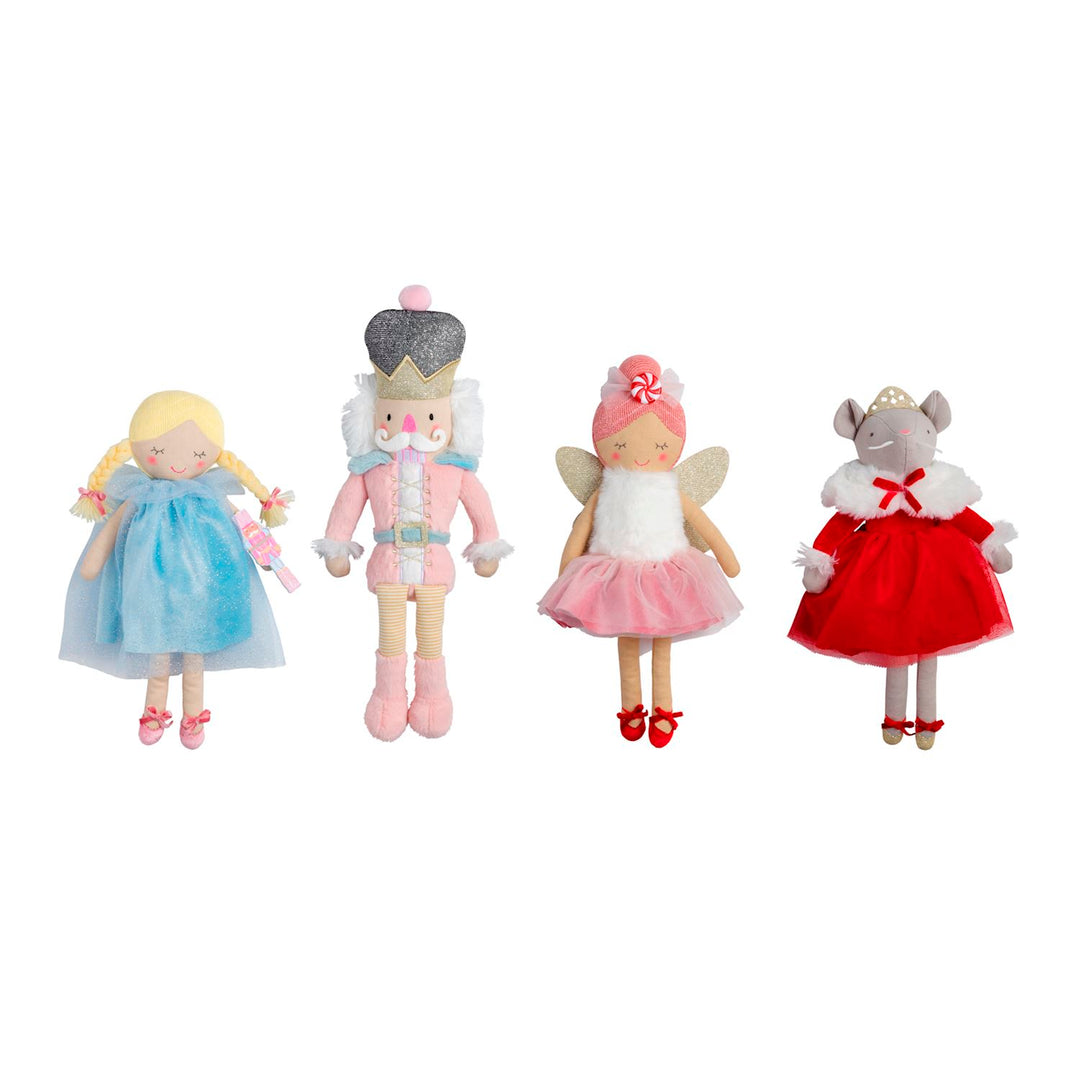 Assortment of Mud Pie Nutcracker holiday plush besties including a ballerina, mouse king, nutcracker, and fairy.
