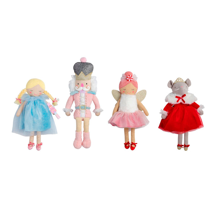 Assortment of Mud Pie Nutcracker holiday plush besties including a ballerina, mouse king, nutcracker, and fairy.