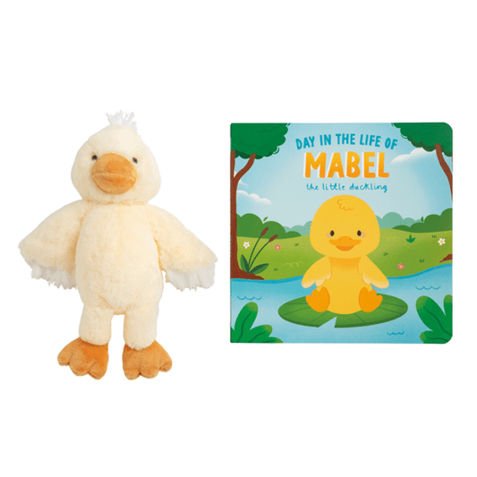 Mud Pie Plush Duck Book 2-piece set featuring a 7.5-inch board book and an 8-inch yellow plush duck.