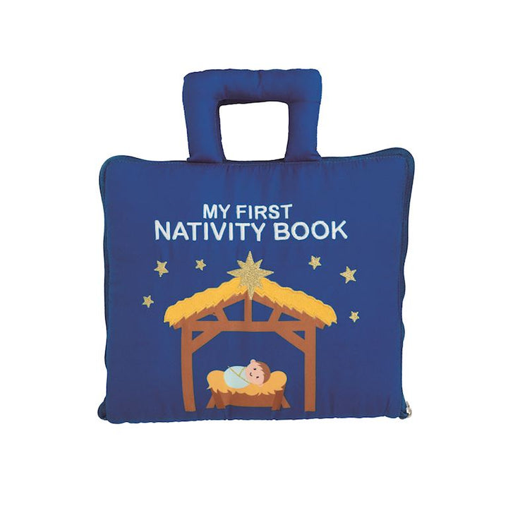 Mud Pie My First Nativity blue fabric quiet book featuring a nativity scene on the cover and top carrying handles.
