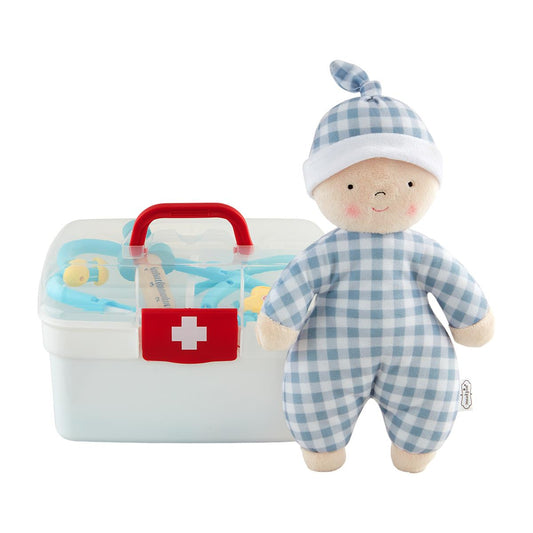 Main Image: Mud Pie Doctor Check-Up Play Set featuring a checkered plush doll, medical bag, and interactive toy instruments.