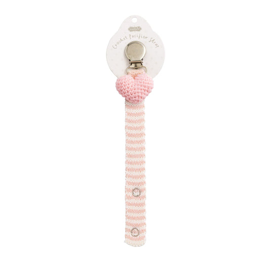 Pink and white striped sweater knit pacifier strap featuring a 3D pink crochet heart icon and metal clip.