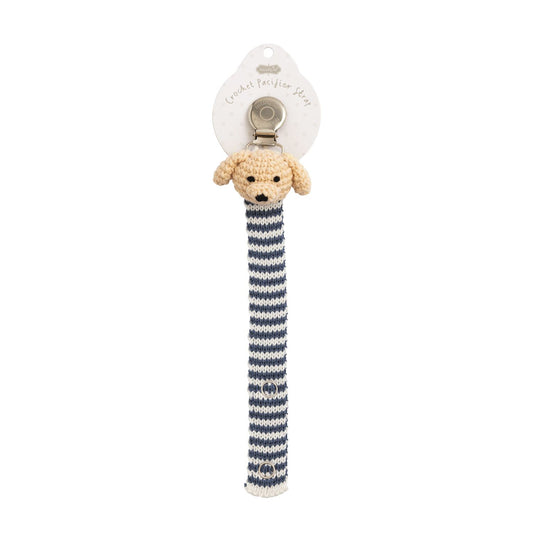 Crochet Dog Pacy Clip - Sweater Knit Stripe Strap with 3D Dog Icon