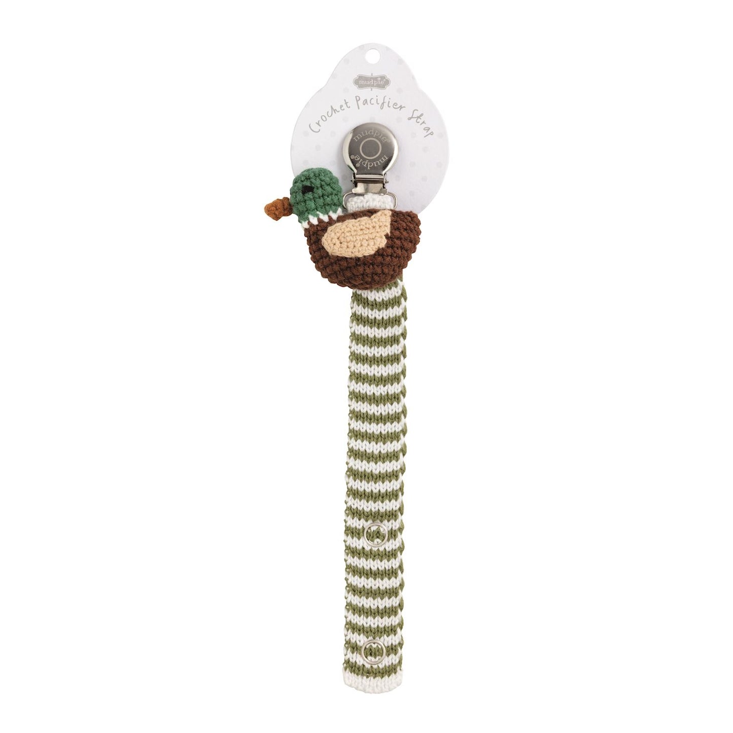 Yellow and white striped sweater knit pacifier clip with a 3D yellow crochet duck icon and metal clasp.