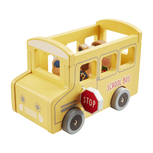 Yellow wooden school bus toy with a red stop sign and six wooden student figures.