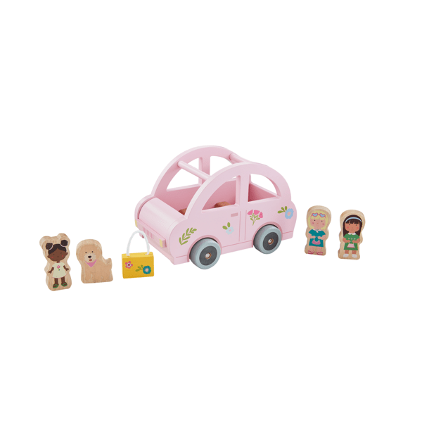 Close-up of the wooden riders and magnetic suitcase attached to the pink pine wood car.