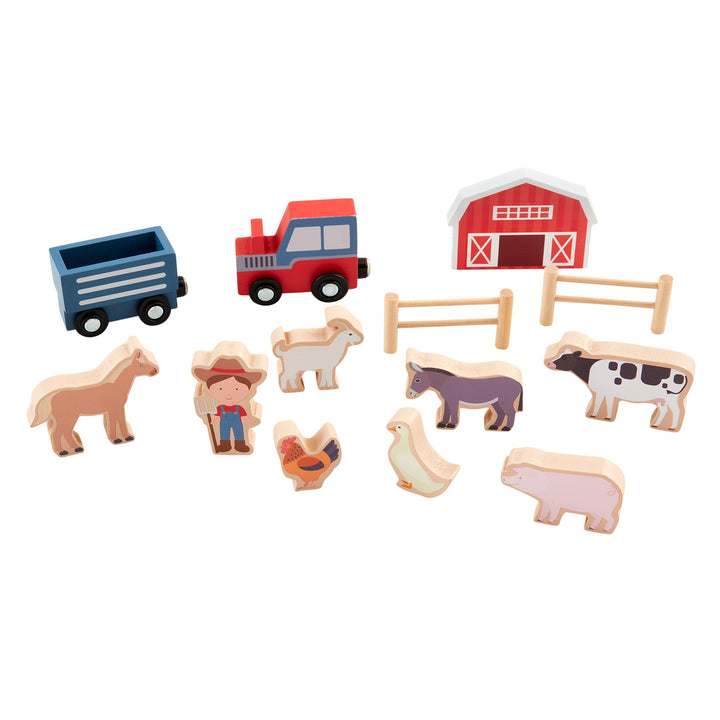 Mud Pie 13-piece wooden farm toy set featuring a barn, tractor, animals, and farmer.