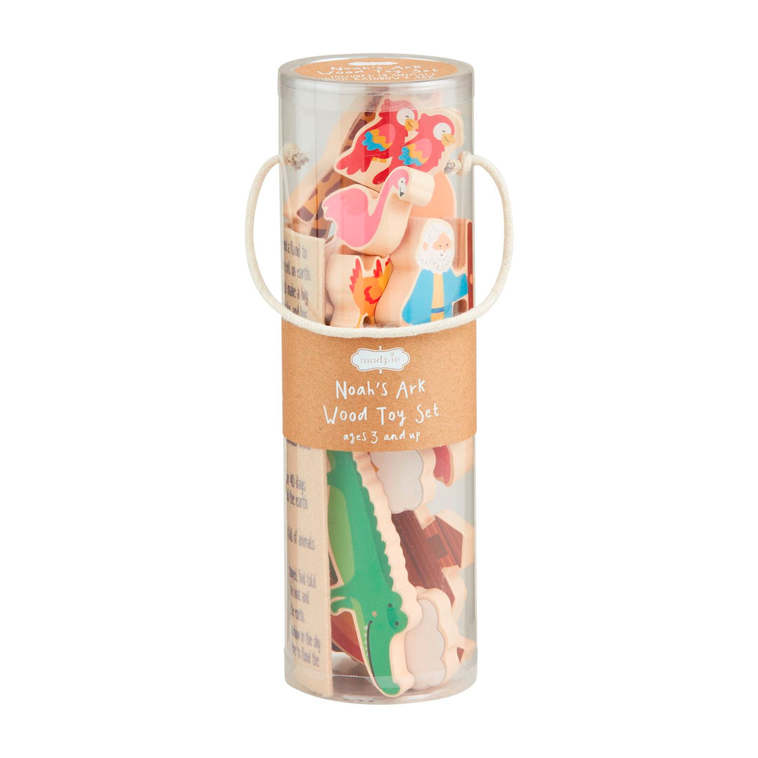 6-piece wooden Noah's Ark toy set with 12 animal figures, Noah, and a rainbow on a pine wood ark.