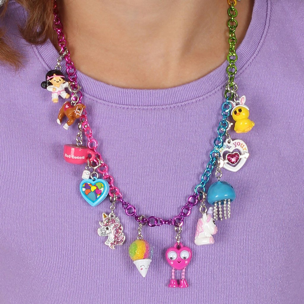 Charm It Rainbow Chain Necklace shown with a rainbow heart shaker charm