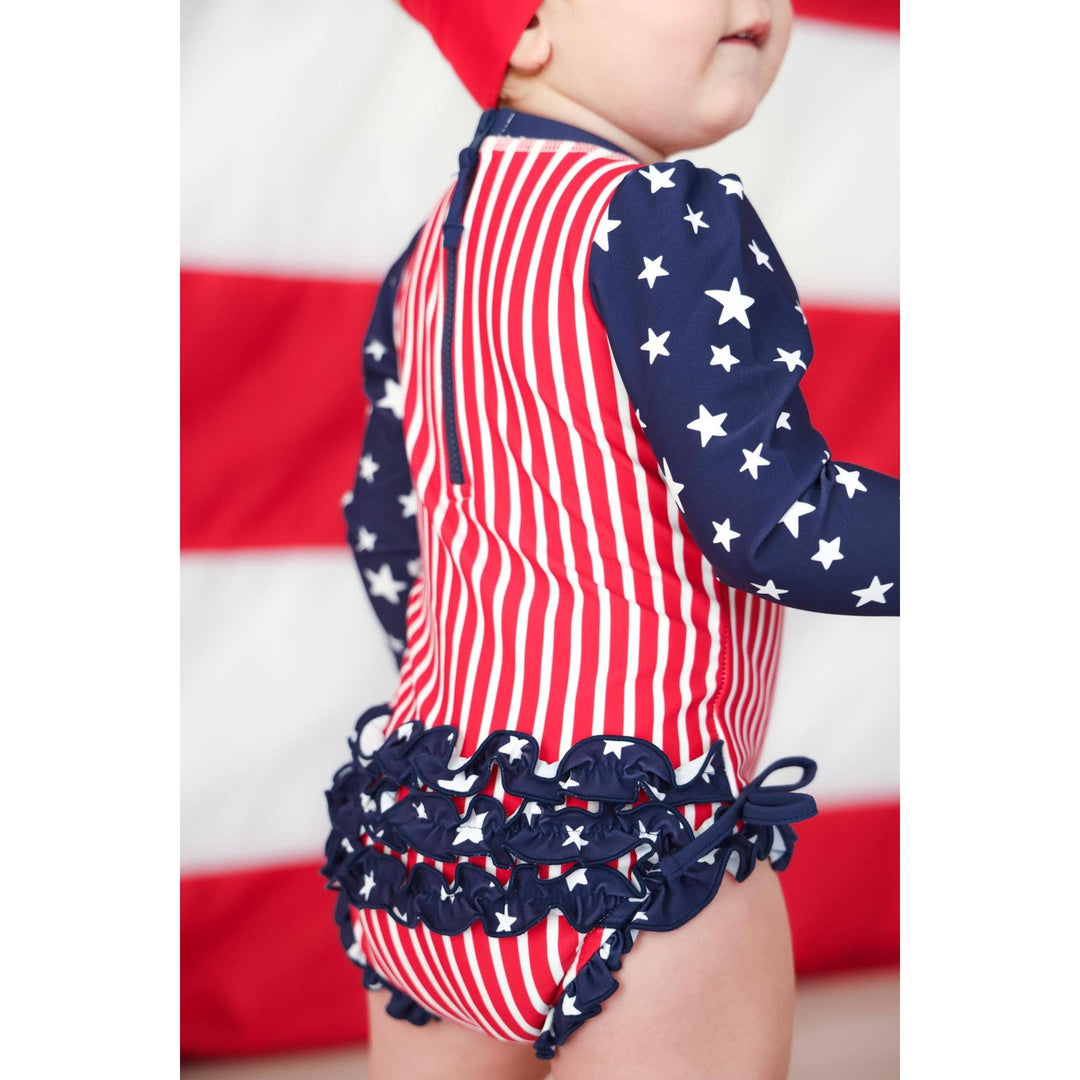Long Sleeve Rash Guard With Ruffle Bottom | Stars &amp; Stripes Party