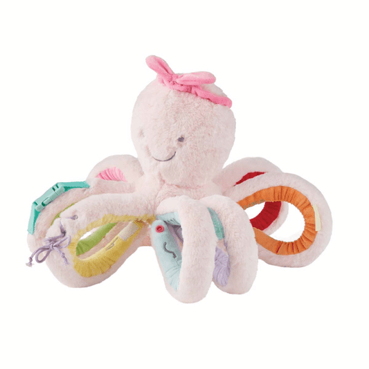 Pink or Gray Octivity Pal octopus plush toy with eight interactive sensory tentacles.