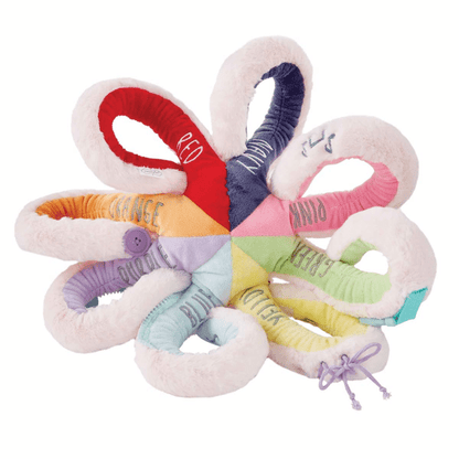 Close-up of the embroidered facial details and textured fabrics on the Mud Pie Octivity Pal.