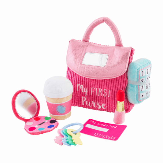 Mud Pie "My First Purse" 7-piece plush toy set featuring a pink purse and various play accessories like a phone and keys.