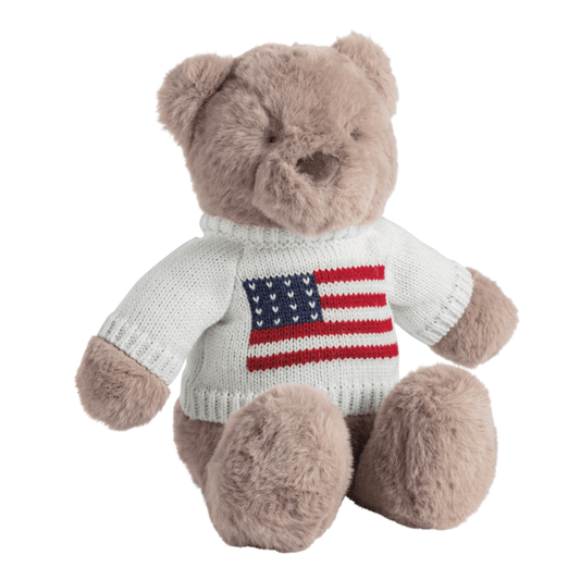 Liberty The Bear Plush Pal, a brown faux fur teddy bear wearing a red and white striped knit sweater with a blue star.