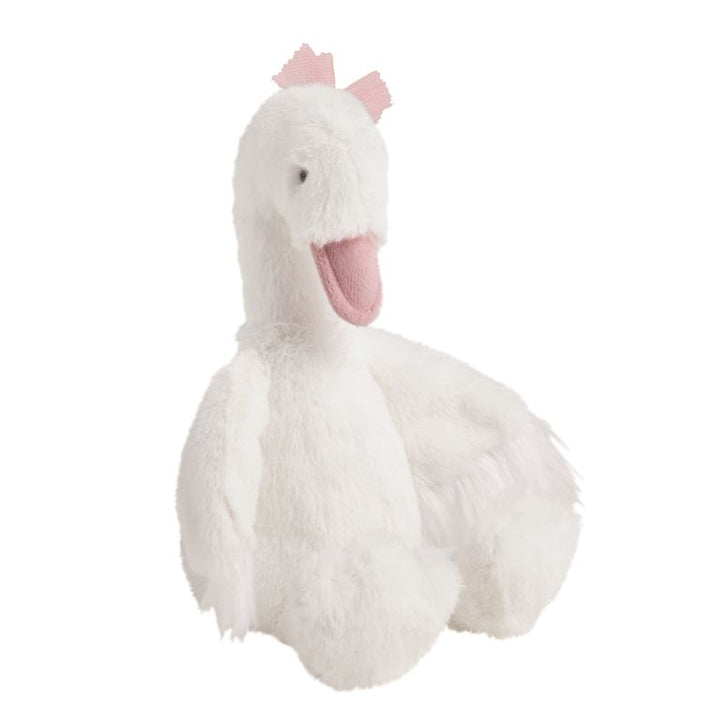 Mud Pie 2-piece soft white fur plush set featuring a mama swan holding a baby swan.