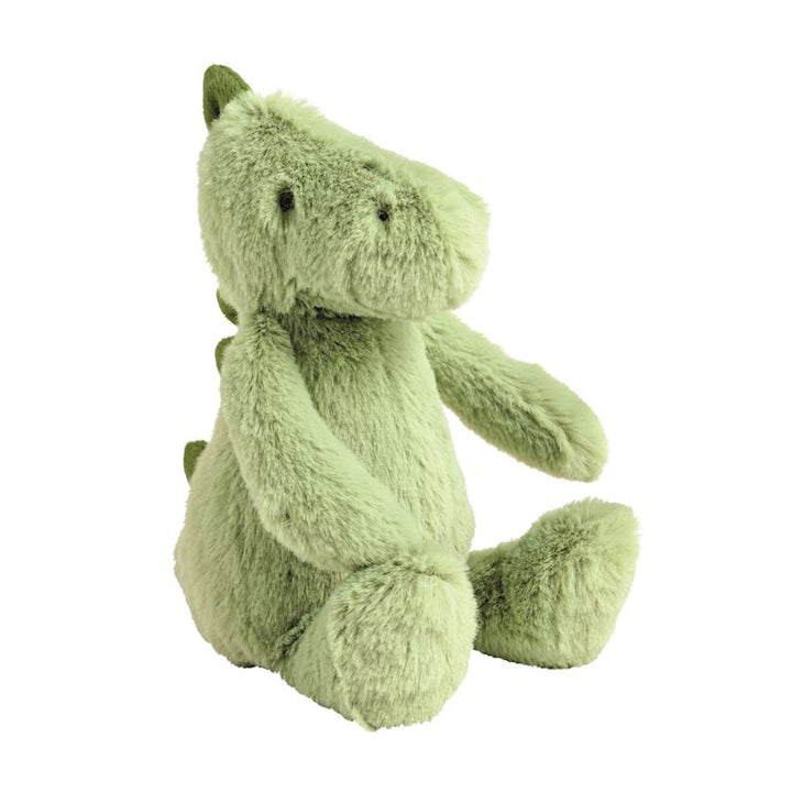 Mud Pie 2-piece soft green faux fur plush set featuring a mama dinosaur holding a baby dinosaur.