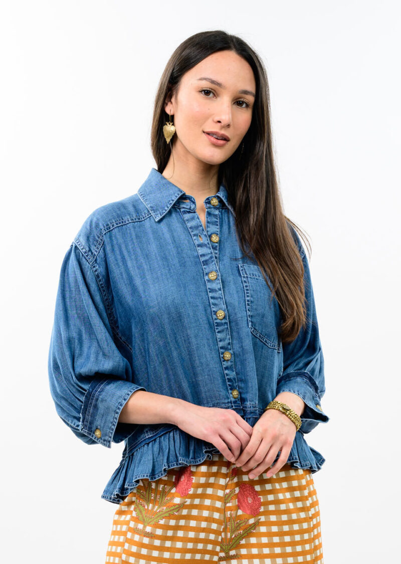 Ivy Jane Denim Jacket Ruffle Peplum Indigo styled
