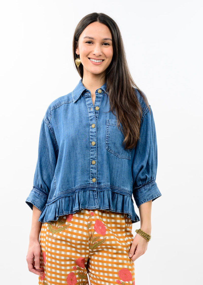 Ivy Jane Denim Jacket Ruffle Peplum Indigo front