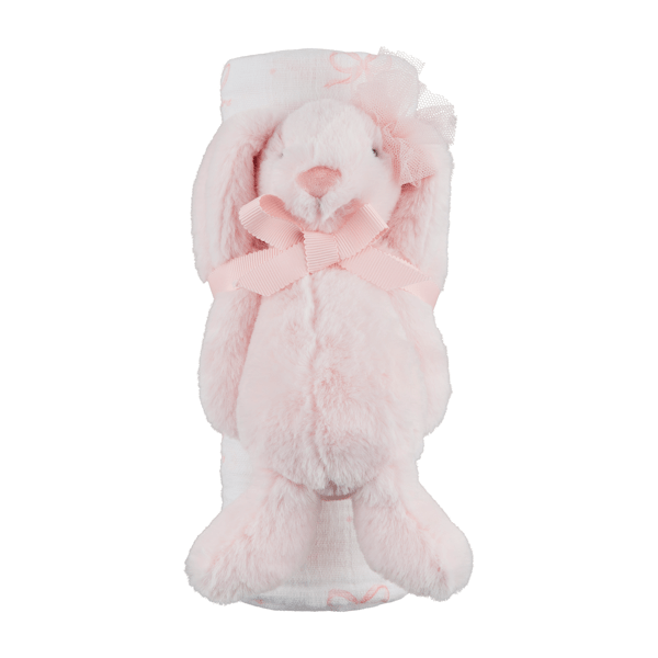 Bow Swaddle and Rattle Set - 2-Piece Muslin Blanket & Plush Bunny Set