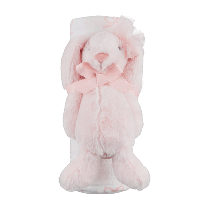 Bow Swaddle and Rattle Set - 2-Piece Muslin Blanket & Plush Bunny Set