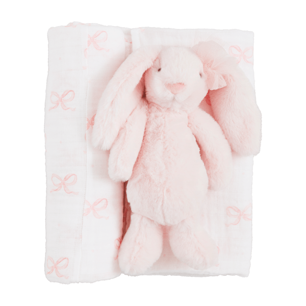 Mud Pie Bow Swaddle and Rattle Set featuring a pink floral muslin blanket and a plush white bunny rattle.