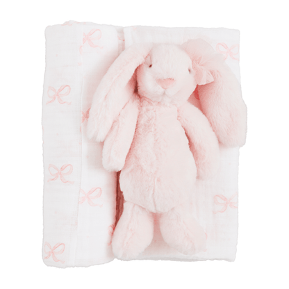 Mud Pie Bow Swaddle and Rattle Set featuring a pink floral muslin blanket and a plush white bunny rattle.
