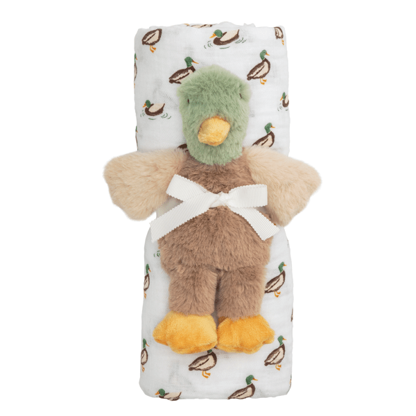 Mud Pie Mallard Swaddle and Rattle Set featuring a blue and green patterned muslin blanket and a plush mallard duck rattle.