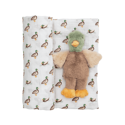 Close-up of the 100% cotton muslin texture and the soft faux fur detail of the mallard duck rattle.