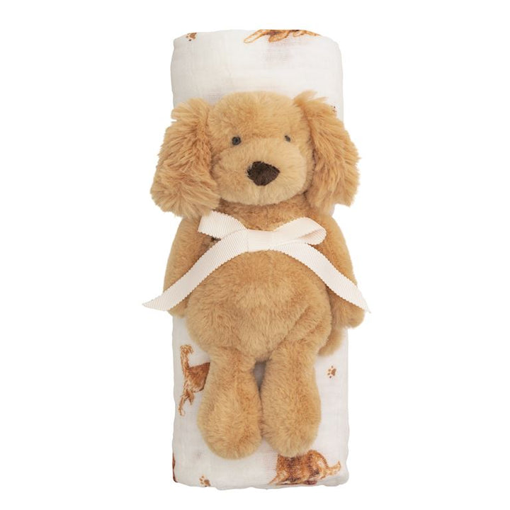 Mud Pie 2-piece set featuring a folded muslin swaddle blanket and a coordinating faux fur golden retriever plush rattle.