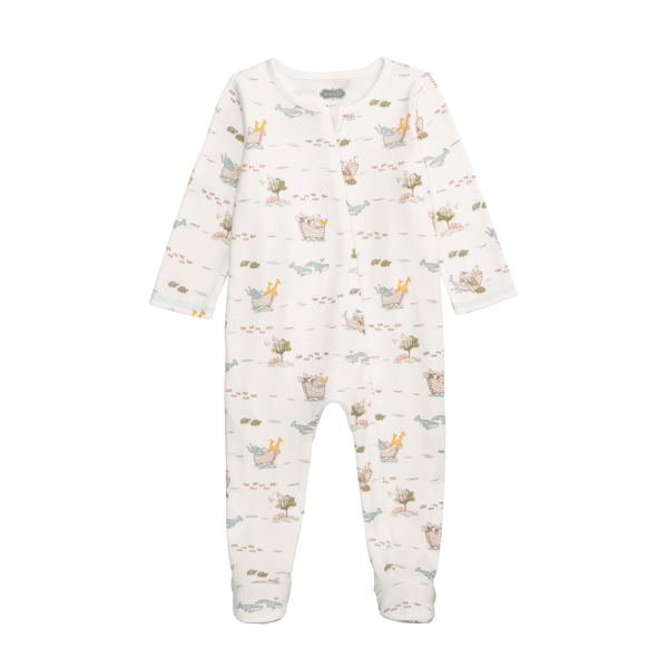 Mud Pie Noah's Ark Zip Sleeper in white cotton interlock with a colorful animal and ark print for 0-3 months.
