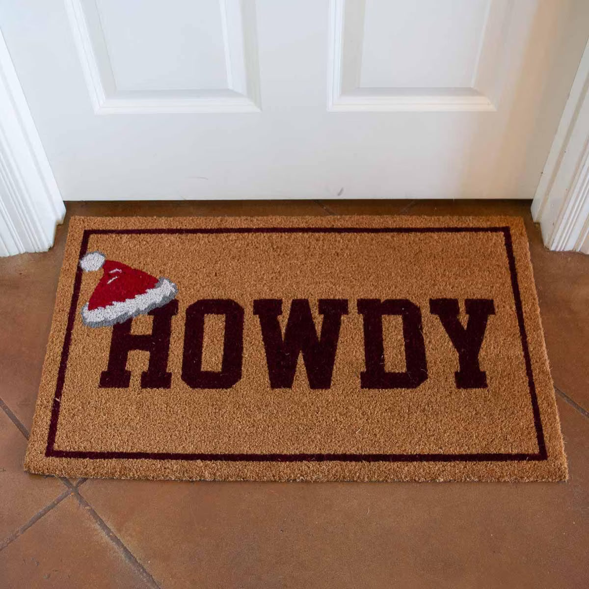 Santa Hat Howdy Coir Doormat Natural/Maroon/Red 30x18