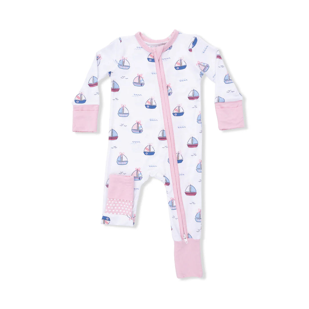 Baby girl pink bamboo convertible romper with bubbly sailboat print